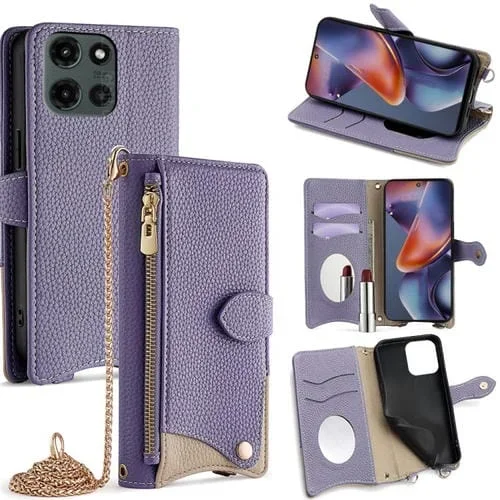 Funda de Cuero con Cadena Cruzada y Diseño Cola de Pez para Motorola Moto G 2025 (Morado)