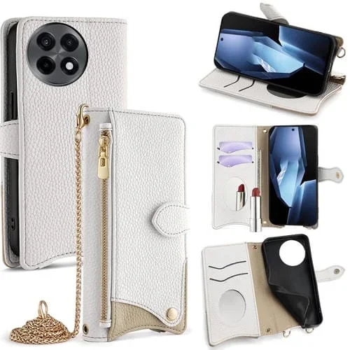 Funda de Cuero con Cadena Cruzada y Diseño Cola de Pez para OnePlus Ace 5/Ace 5 Pro (Blanca)