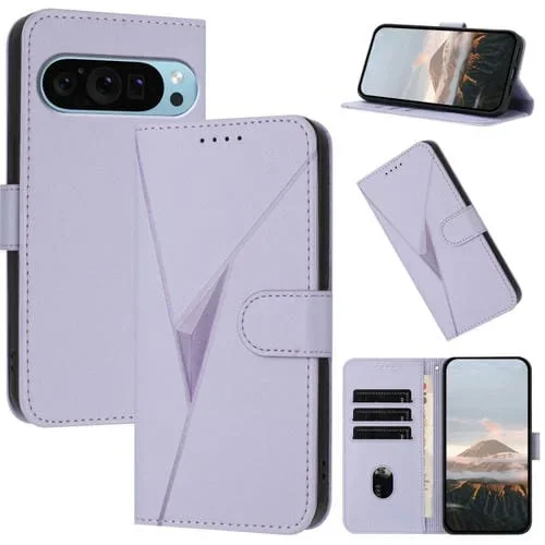 Funda de Cuero con Cierre de Hebilla y Diseño Triangular para Google Pixel 9 y Pixel 9 Pro (Morado Claro)