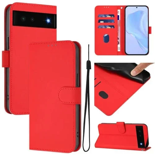 Funda de Cuero con Cordón para Google Pixel 6 (Rojo) Diseño Piel Liso Tacto Agradable