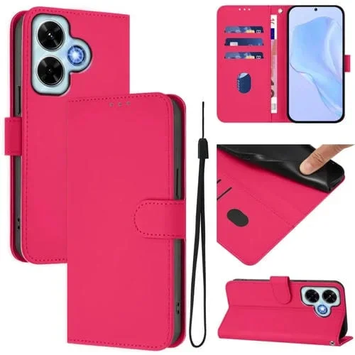 Funda de Cuero con Cordón para Redmi Note 13 4G, Color Sólido, Tacto Global (Rosa Rojo)