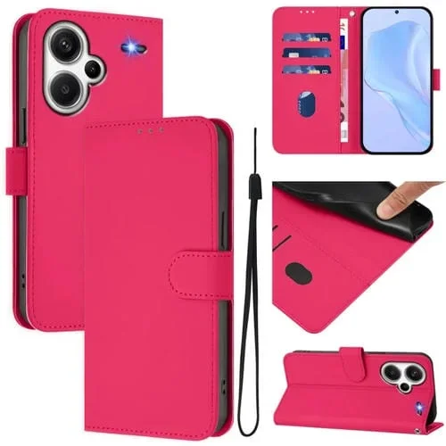 Funda de Cuero con Cordón para Redmi Note 13 Pro+ 5G, Color Sólido, Tacto Global (Rosa Rojo)