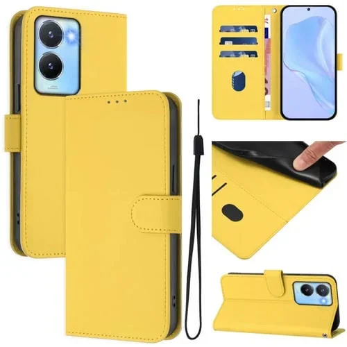 Funda de Cuero con Cordón para Teléfono con Diseño de Piel de Color Liso y Tacto Suave para Vivo Y56 5G Global / Y16 4G Global (Amarillo Limón)