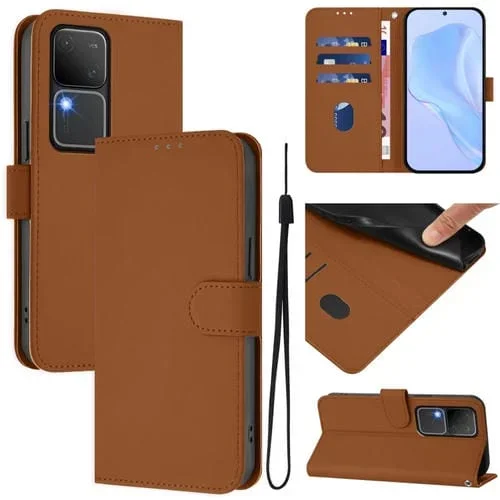 Funda de Cuero con Cordón para Teléfono con Sensación de Piel de Color Sólido para Vivo V30 5G Global / V30 Pro Global (Marrón)