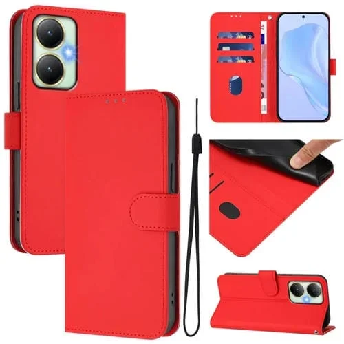 Funda de Cuero con Cordón para Teléfono con Sensación de Piel Global En Color Sólido para Vivo Y27 4G 2023 (Rojo)