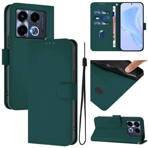 Funda de Cuero con Cordón para Teléfono Infinix Note 40 5G con Tacto de Piel (Verde Oscuro)