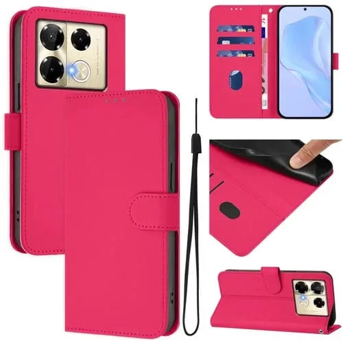 Funda de Cuero con Cordón para Teléfono Infinix Note 40 Pro 4G con Tacto de Piel (Rojo Rosa)