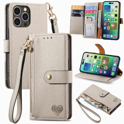 Funda de Cuero con Cordón y Cremallera Love para iPhone 16 Pro Max (Gris)