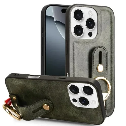 Funda de Cuero con Correa para la Muñeca para iPhone 16 Pro (Verde)