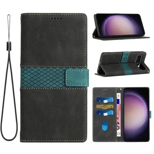 Funda de Cuero con Costuras en Cuadrícula para Google Pixel 9 Pro XL con Cordón (Negro)