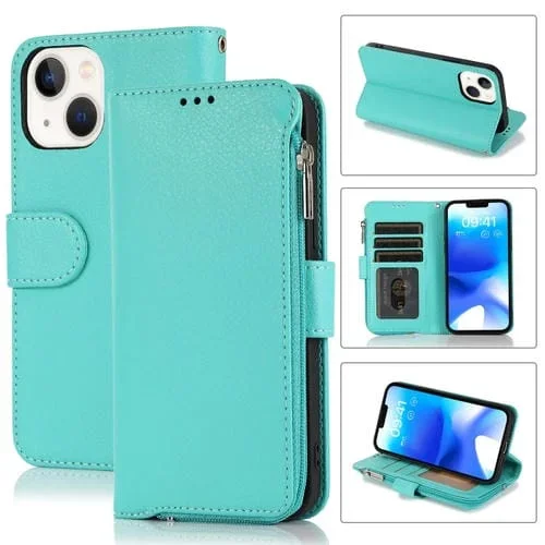 Funda de Cuero con Cremallera de Microfibra para iPhone 14 (Verde Menta)