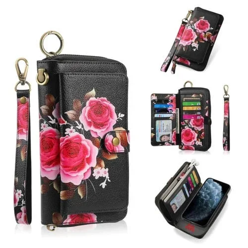 Funda de Cuero con Cremallera Multifuncional para iPhone 11 Pro Max Pola Flower (Negro)