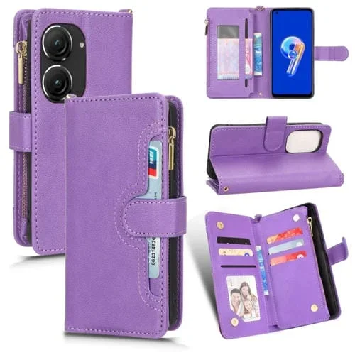 Funda de Cuero con Cremallera para Asus Zenfone 10 y 9 Litchi Texture (Púrpura)