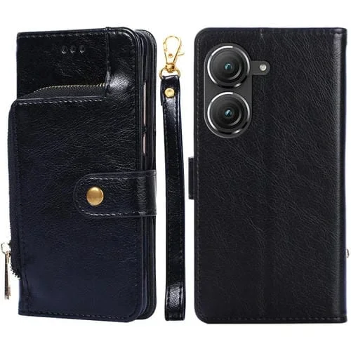 Funda de Cuero con Cremallera para Asus Zenfone 9 Teléfono (Negro)