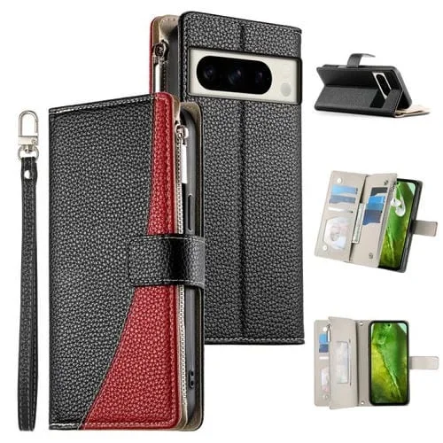 Funda de cuero con cremallera para Google Pixel 8 Pro, con múltiples tarjetas y costuras, con correa corta (negra)