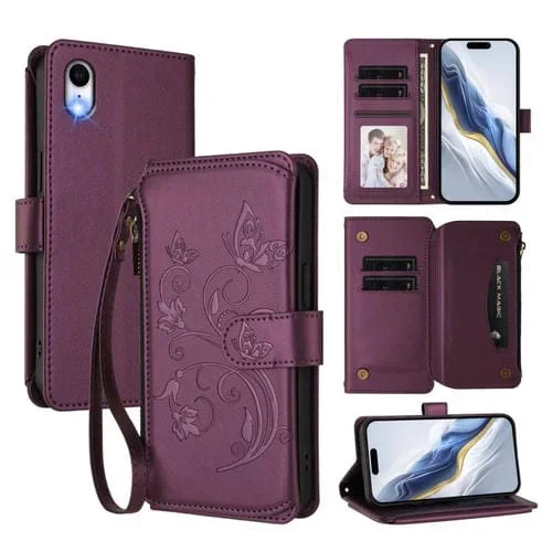 Funda de cuero con cremallera para iPhone XR, diseño de mariposas, flores y amor, con múltiples tarjetas (morado oscuro)