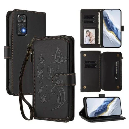Funda de cuero con cremallera para Redmi Note 12S / Redmi Note 11S 4G, diseño de mariposas, flores y múltiples tarjetas (negro)