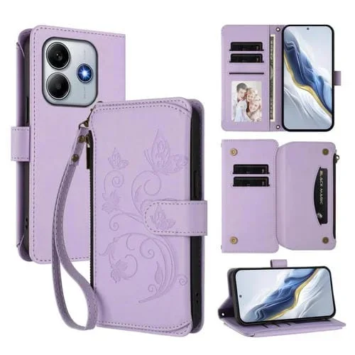 Funda de cuero con cremallera para Redmi Note 14 4G, 164,84 mm, diseño de mariposas y flores, con múltiples tarjetas (morado claro)