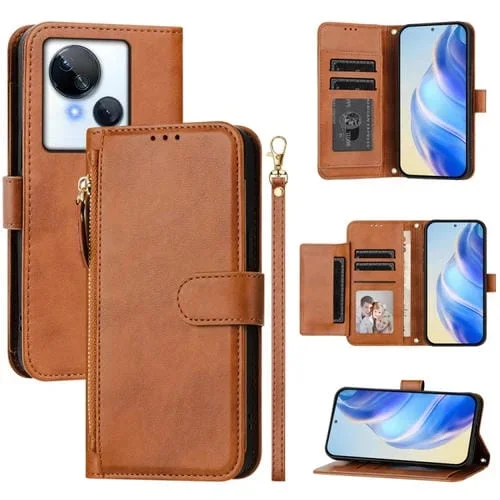 Funda de Cuero con Cremallera para Tecno Spark 10 5G con Ranuras para Tarjetas (Marrón)