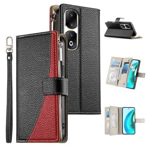 Funda de cuero con cremallera para teléfono Honor 90 Pro, con costuras, múltiples tarjetas y correa corta (negra)