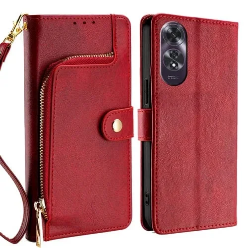 Funda de Cuero con Cremallera para Teléfono Oppo A60 4G Global (Rojo)