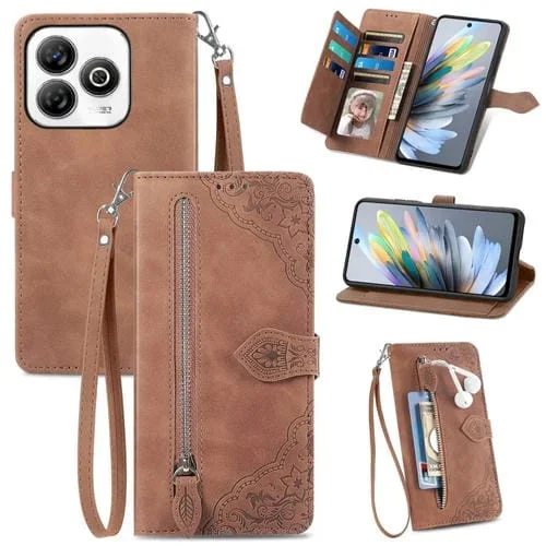 Funda de Cuero con Cremallera para ZTE Blade A75 4G con Diseño de Flores en Relieve (Marrón)