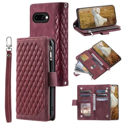 Funda de Cuero con Cremallera y Cordón para Google Pixel 9A (Rojo Vino)