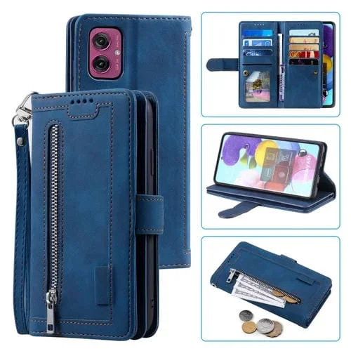 Funda de Cuero con Cremallera y Cordón para Motorola Moto G55 Nine Card (Azul)