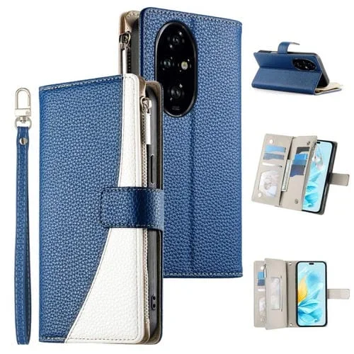 Funda de cuero con cremallera y múltiples tarjetas para Honor 200 Pro, con costuras y correa corta (azul oscuro)