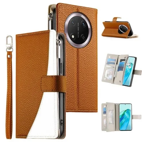 Funda de cuero con cremallera y múltiples tarjetas para Honor X9c / Magic7 Lite, con costuras y correa corta (marrón)