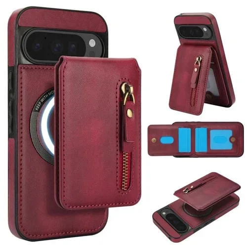 Funda de Cuero con Cremallera y Parte Trasera Dividida Magsafe para Google Pixel 9/9 Pro (Rojo)