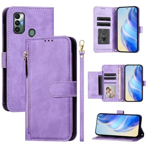 Funda de Cuero con Cremallera y Ranuras para Múltiples Tarjetas para Tecno Spark 7 y Spark 7T (Morado)