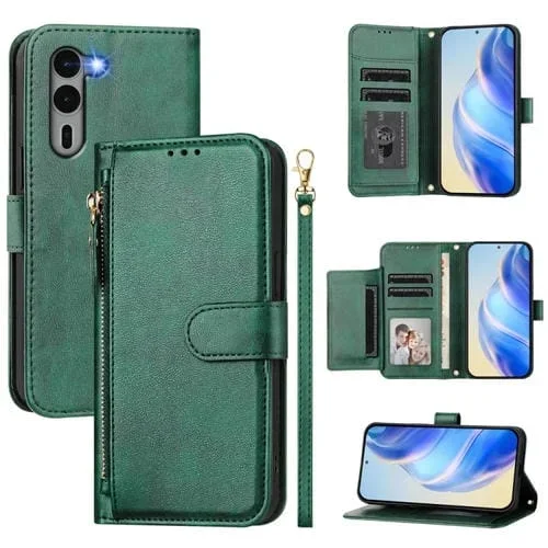 Funda de Cuero con Cremallera y Ranuras para Tarjetas Fujitsu Arrows We2 Plus F-51E (Verde)