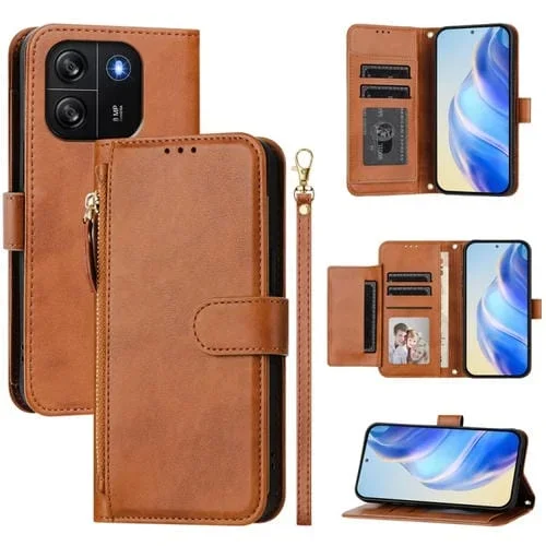 Funda de Cuero con Cremallera y Ranuras para Tarjetas para BlackView Wave 6C (Marrón)