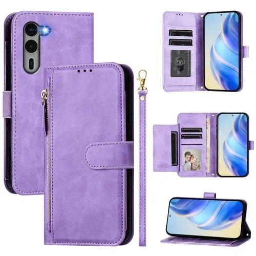 Funda de Cuero con Cremallera y Ranuras para Tarjetas para Fujitsu Arrows We2 Plus F-51E (Morado)