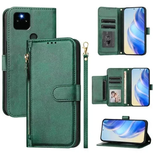 Funda de Cuero con Cremallera y Ranuras para Tarjetas para Google Pixel 5A 5G (Verde)