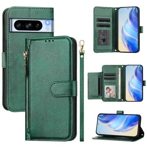 Funda de Cuero con Cremallera y Ranuras para Tarjetas para Google Pixel 8 Pro (Verde)