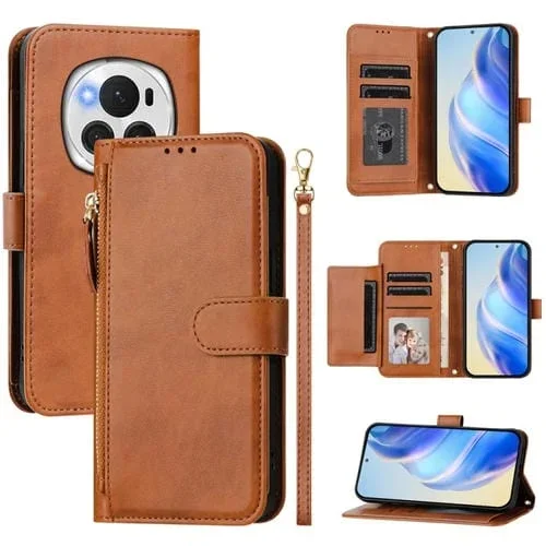 Funda de Cuero con Cremallera y Ranuras para Tarjetas para Honor Magic6 Pro 5G (Marrón)