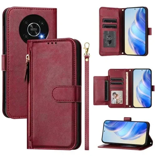 Funda de Cuero con Cremallera y Ranuras para Tarjetas para Honor X30 5G / X9 4G / X9 5G (Rojo Oscuro)