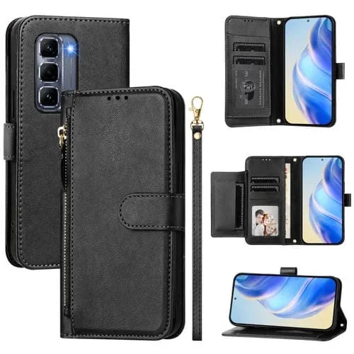 Funda de Cuero con Cremallera y Ranuras para Tarjetas para Infinix Hot 50 Pro+ 4G (Negro)