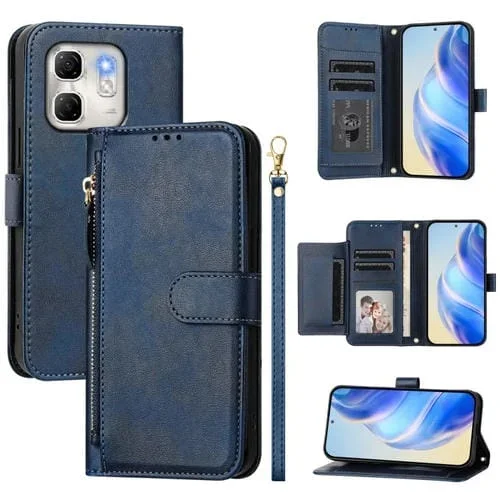 Funda de Cuero con Cremallera y Ranuras para Tarjetas para Infinix Hot 50I/Smart 9 (Azul)