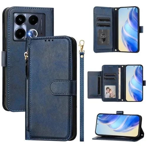 Funda de Cuero con Cremallera y Ranuras para Tarjetas para Infinix Note 40 4G (Azul)