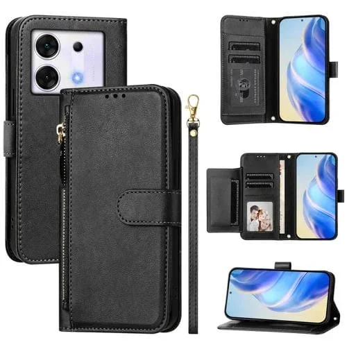 Funda de Cuero con Cremallera y Ranuras para Tarjetas para Infinix Zero 30 5G (Negro)
