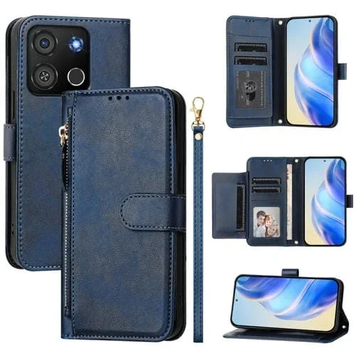 Funda de Cuero con Cremallera y Ranuras para Tarjetas para Itel A05S (Azul)