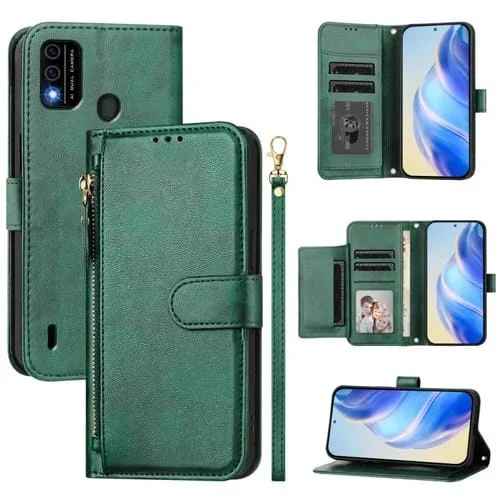 Funda de Cuero con Cremallera y Ranuras para Tarjetas para Itel A48 (Verde)
