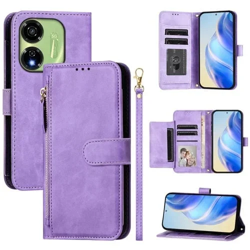 Funda de Cuero con Cremallera y Ranuras para Tarjetas para Itel P55 5G (Morado)