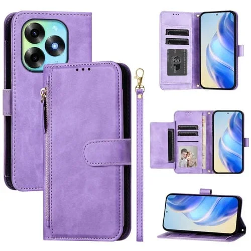 Funda de Cuero con Cremallera y Ranuras para Tarjetas para Itel S23+ (Morado)