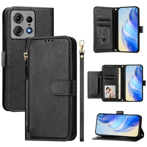Funda de Cuero con Cremallera y Ranuras para Tarjetas para Motorola Edge 50 Pro (Negro)