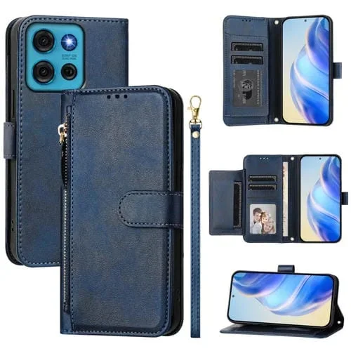 Funda de Cuero con Cremallera y Ranuras para Tarjetas para Motorola Moto G75 5G (Azul)