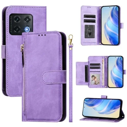 Funda de Cuero con Cremallera y Ranuras para Tarjetas para OnePlus 10 Pro (Morado)